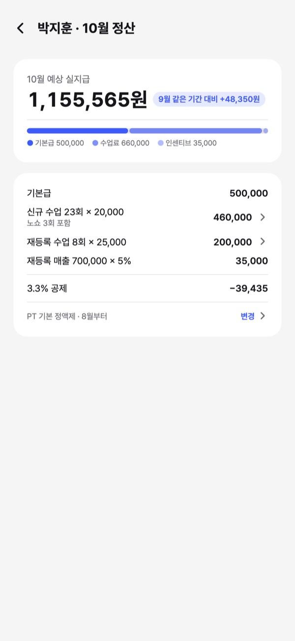 정산 화면: 10월 예상 실지급, 기본급·수업료·인센티브 내역과 3.3% 공제